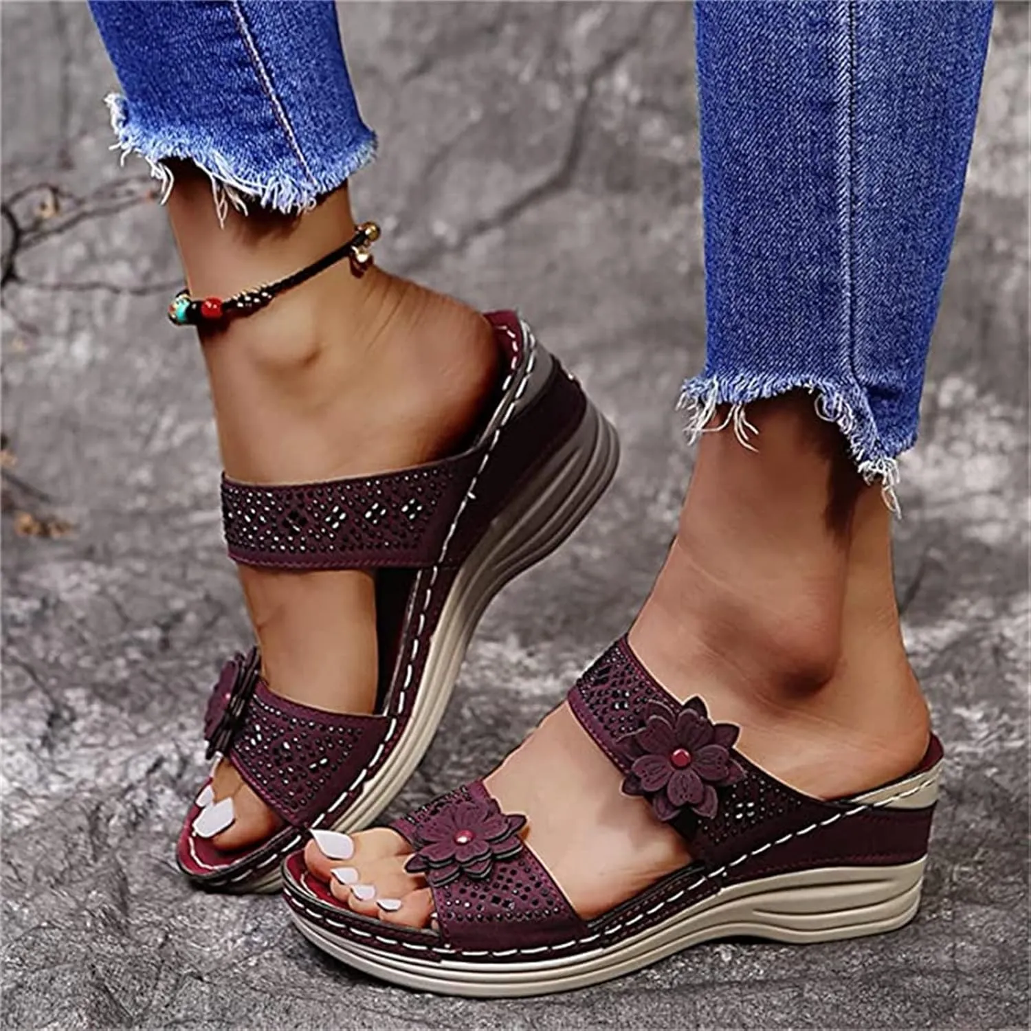 Lausiuoe Orthopedic Sandals For Women Arch Support Sandals Wedge Heel Slip On Summer Shoes Dressy Orthotic Slides Flip Flops