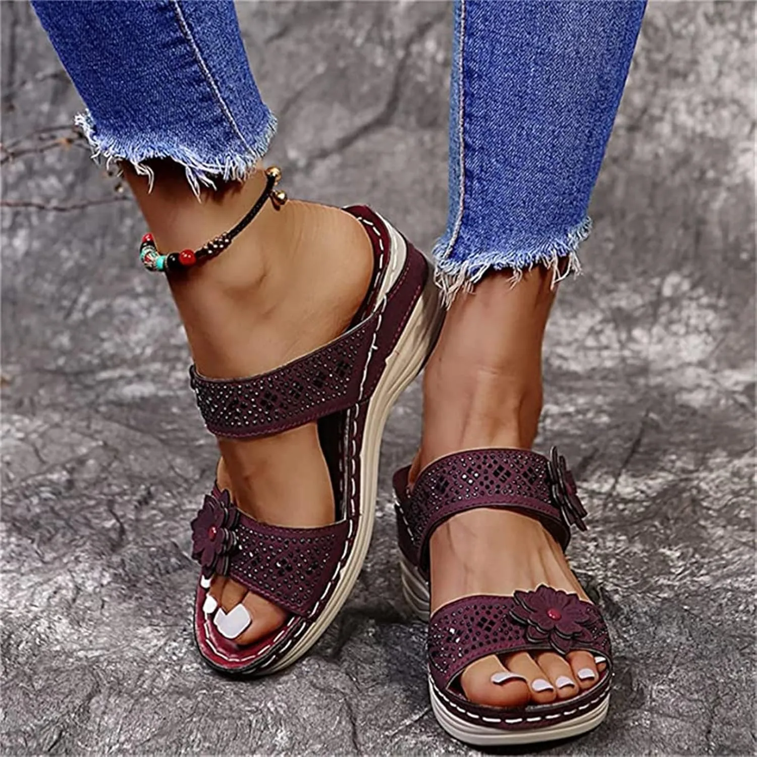 Lausiuoe Orthopedic Sandals For Women Arch Support Sandals Wedge Heel Slip On Summer Shoes Dressy Orthotic Slides Flip Flops