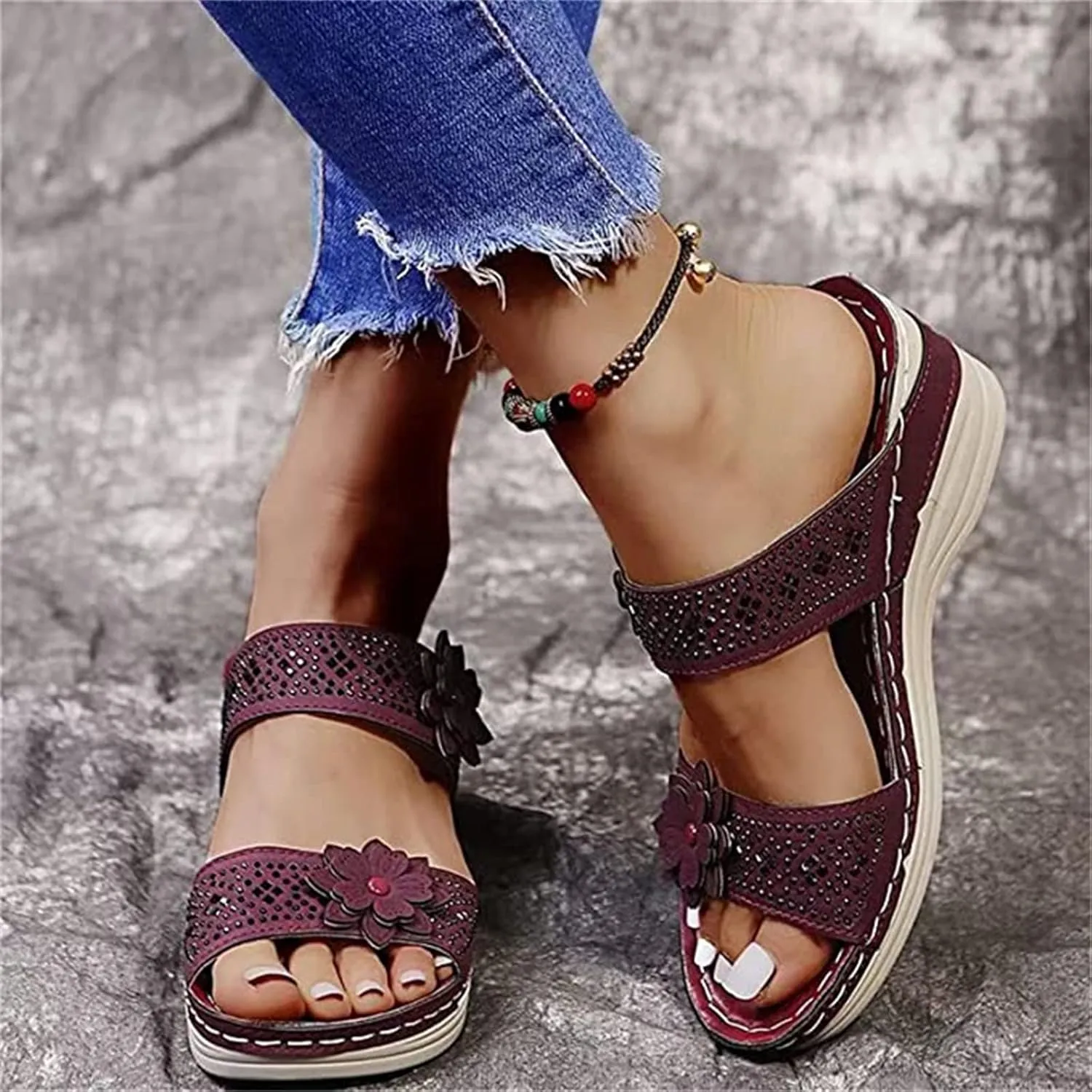Lausiuoe Orthopedic Sandals For Women Arch Support Sandals Wedge Heel Slip On Summer Shoes Dressy Orthotic Slides Flip Flops