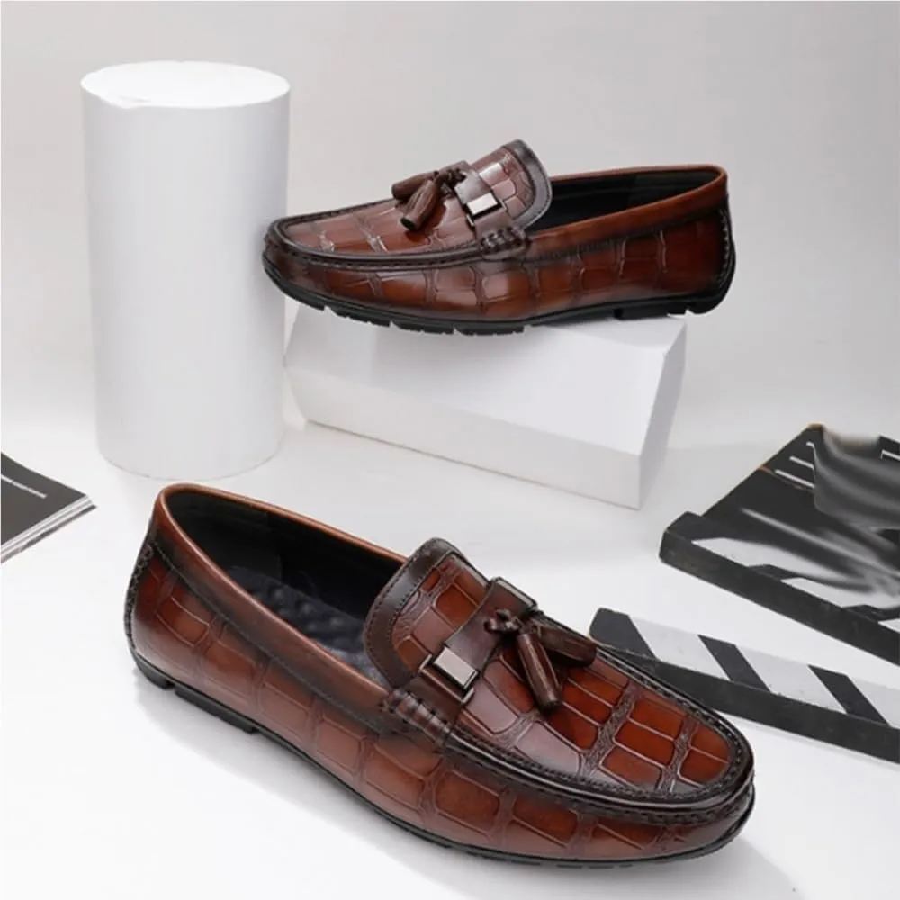Lightweight Fashion Mens Loafers Solid Color Stone Pattern Tassel Driving Loafers Anti-Slip Flat Heel