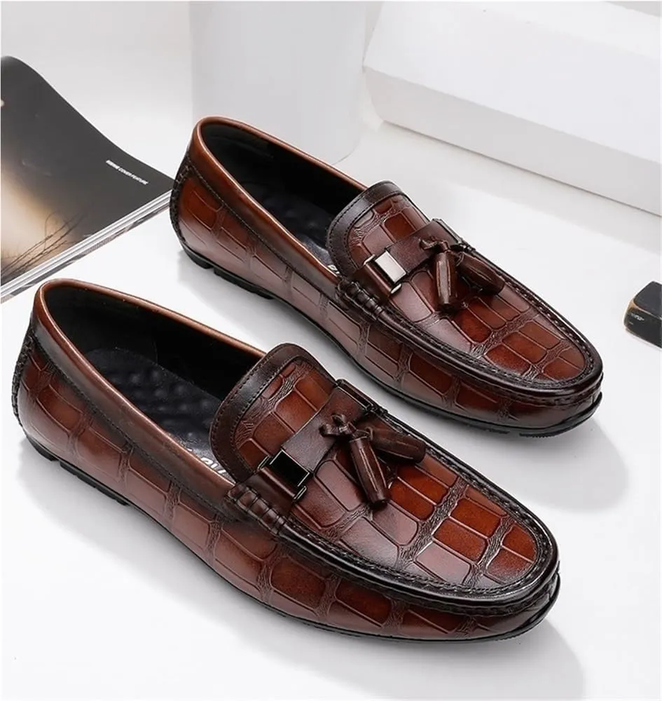 Lightweight Fashion Mens Loafers Solid Color Stone Pattern Tassel Driving Loafers Anti-Slip Flat Heel