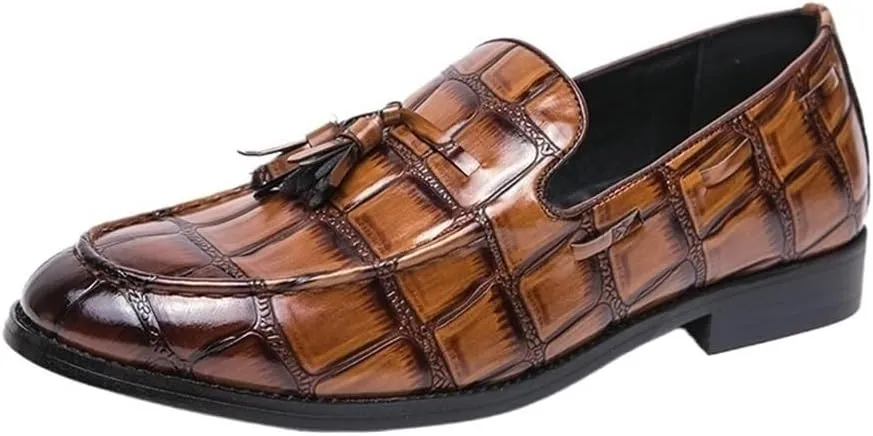 Loafers for Men Pointed Burnished Toe with Tassel Block Pattern Boat Shoes Slip Resistant Flexible Lightweight Outdoor Fashion Slip-on