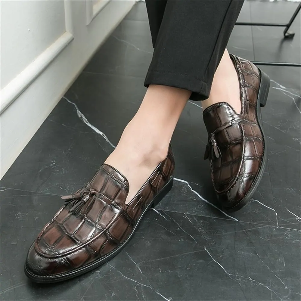 Loafers for Men Pointed Burnished Toe with Tassel Block Pattern Boat Shoes Slip Resistant Flexible Lightweight Outdoor Fashion Slip-on