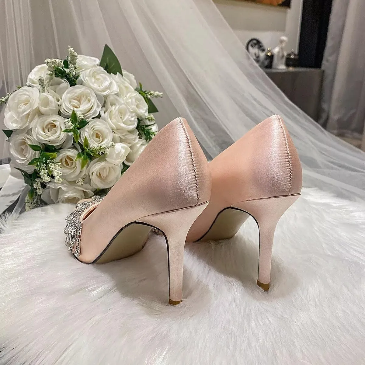 LUXINYU Women Pointed Toe Heels Elegant Stiletto Fashion Pearl Rhinestone Ladies Pumps Wedding Dress Shoes Comfortable Kitten Heels Work Shoes