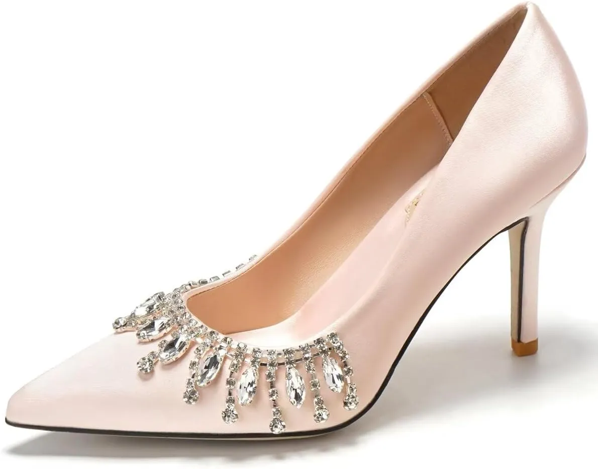 LUXINYU Women Pointed Toe Heels Elegant Stiletto Fashion Pearl Rhinestone Ladies Pumps Wedding Dress Shoes Comfortable Kitten Heels Work Shoes