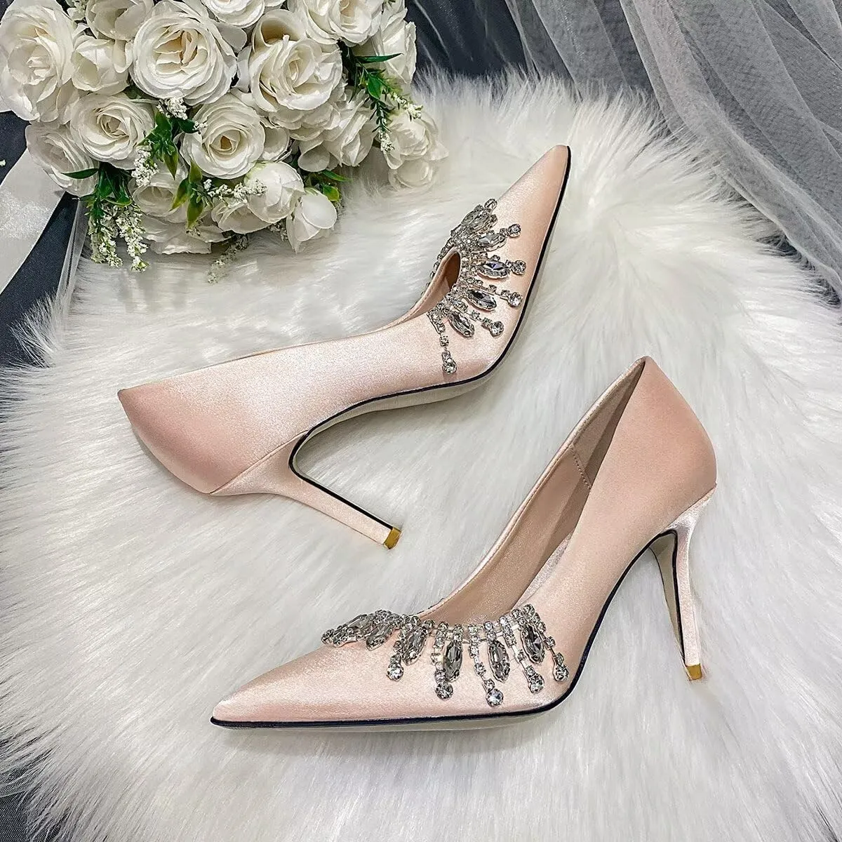 LUXINYU Women Pointed Toe Heels Elegant Stiletto Fashion Pearl Rhinestone Ladies Pumps Wedding Dress Shoes Comfortable Kitten Heels Work Shoes
