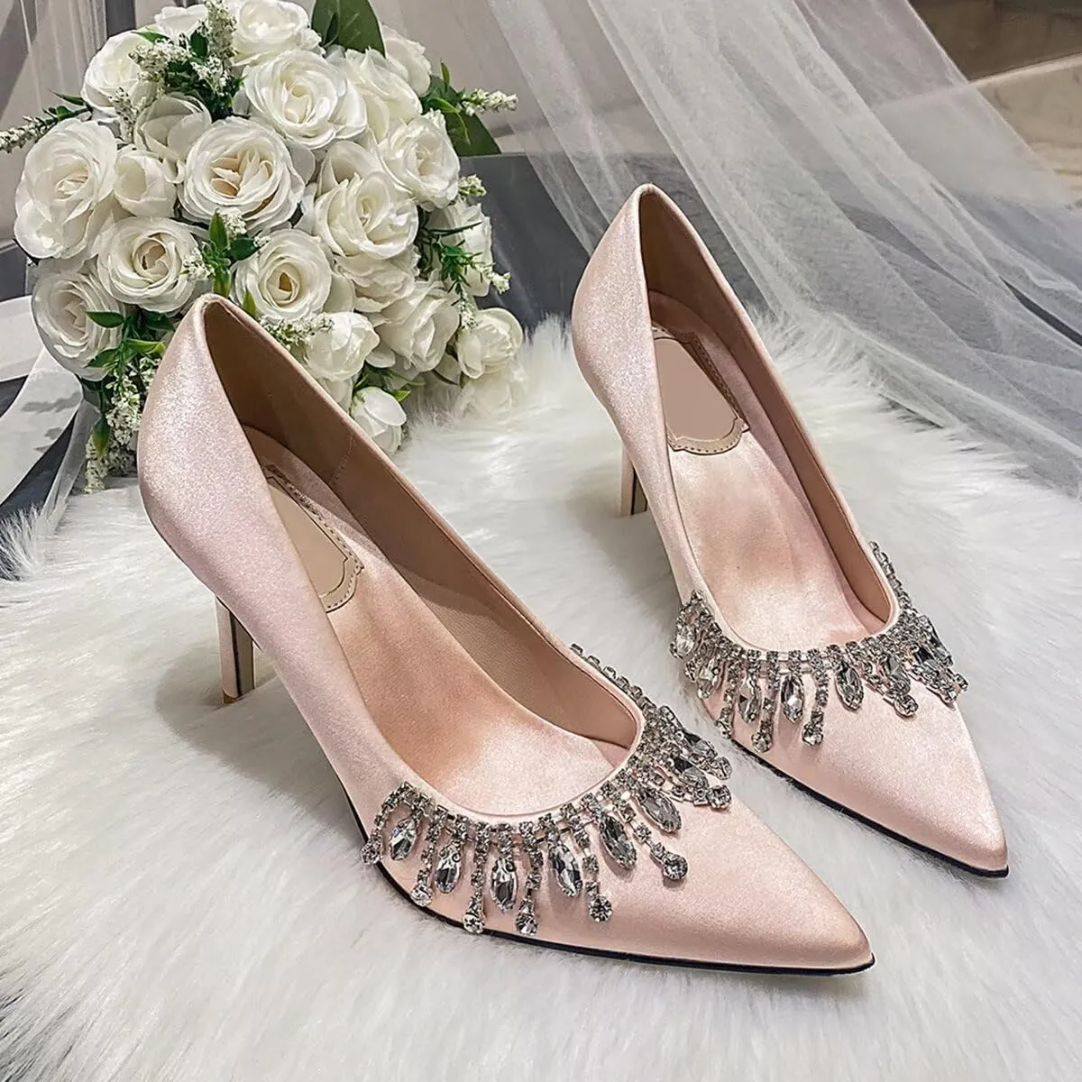 LUXINYU Women Pointed Toe Heels Elegant Stiletto Fashion Pearl Rhinestone Ladies Pumps Wedding Dress Shoes Comfortable Kitten Heels Work Shoes