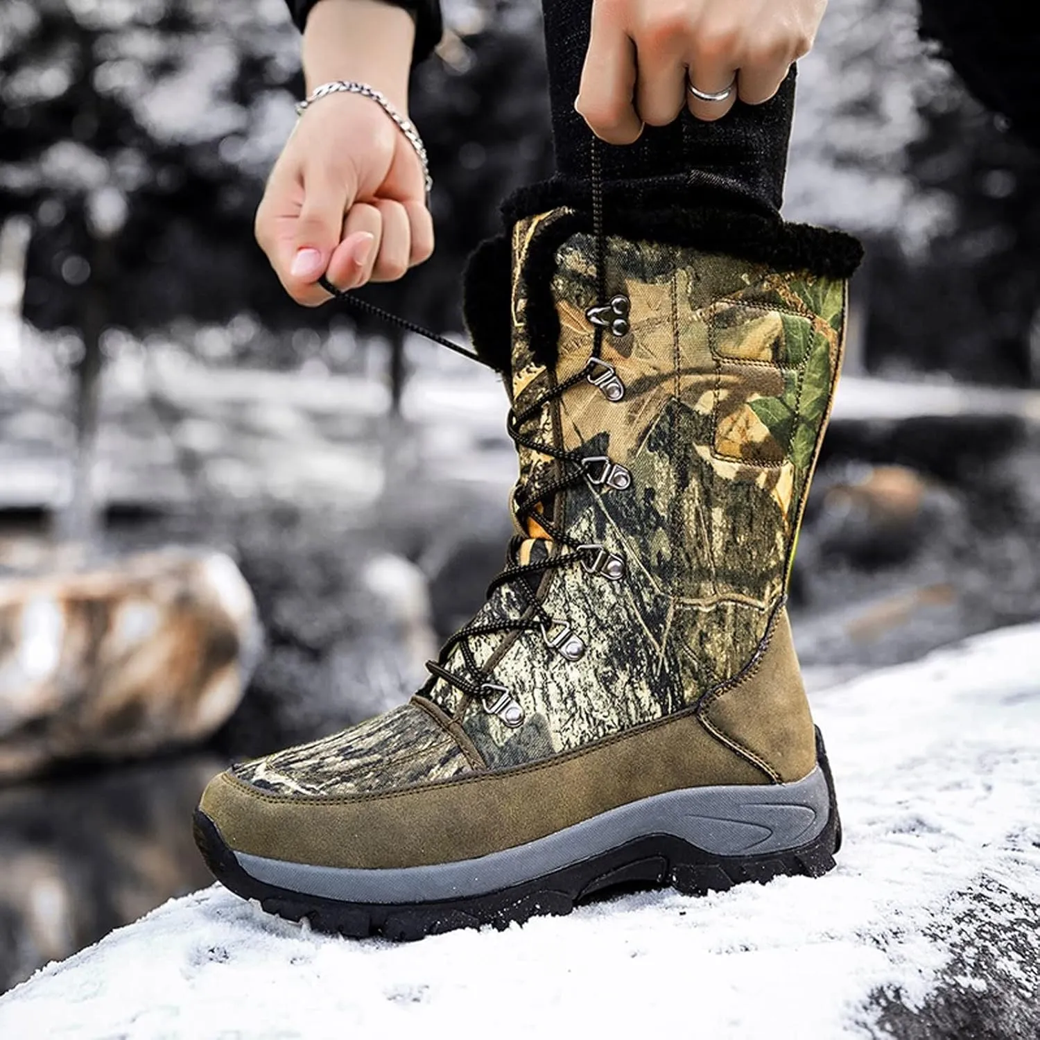 Mens Boots Warm Plush Snow Boots High-top Men's Boots Winter Camouflage Desert Boots Outdoor Non-slip Ankle Boots Combat Military Boots