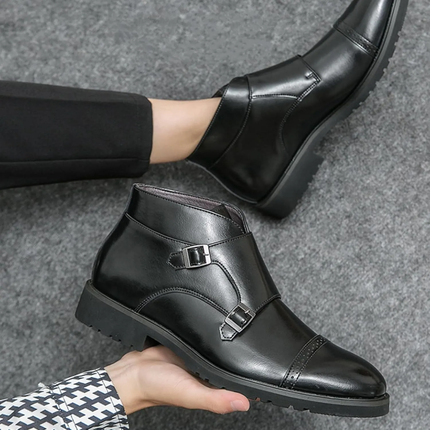 Men's Elegant Double Monk Buckle Ankle Boots Pointed Toe Business Dress Shoes