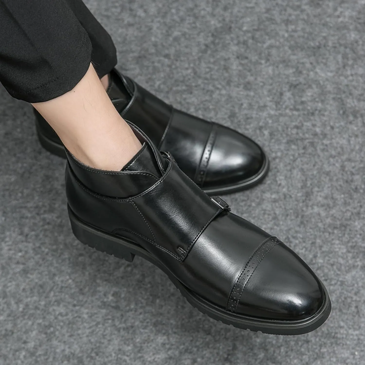 Men's Elegant Double Monk Buckle Ankle Boots Pointed Toe Business Dress Shoes