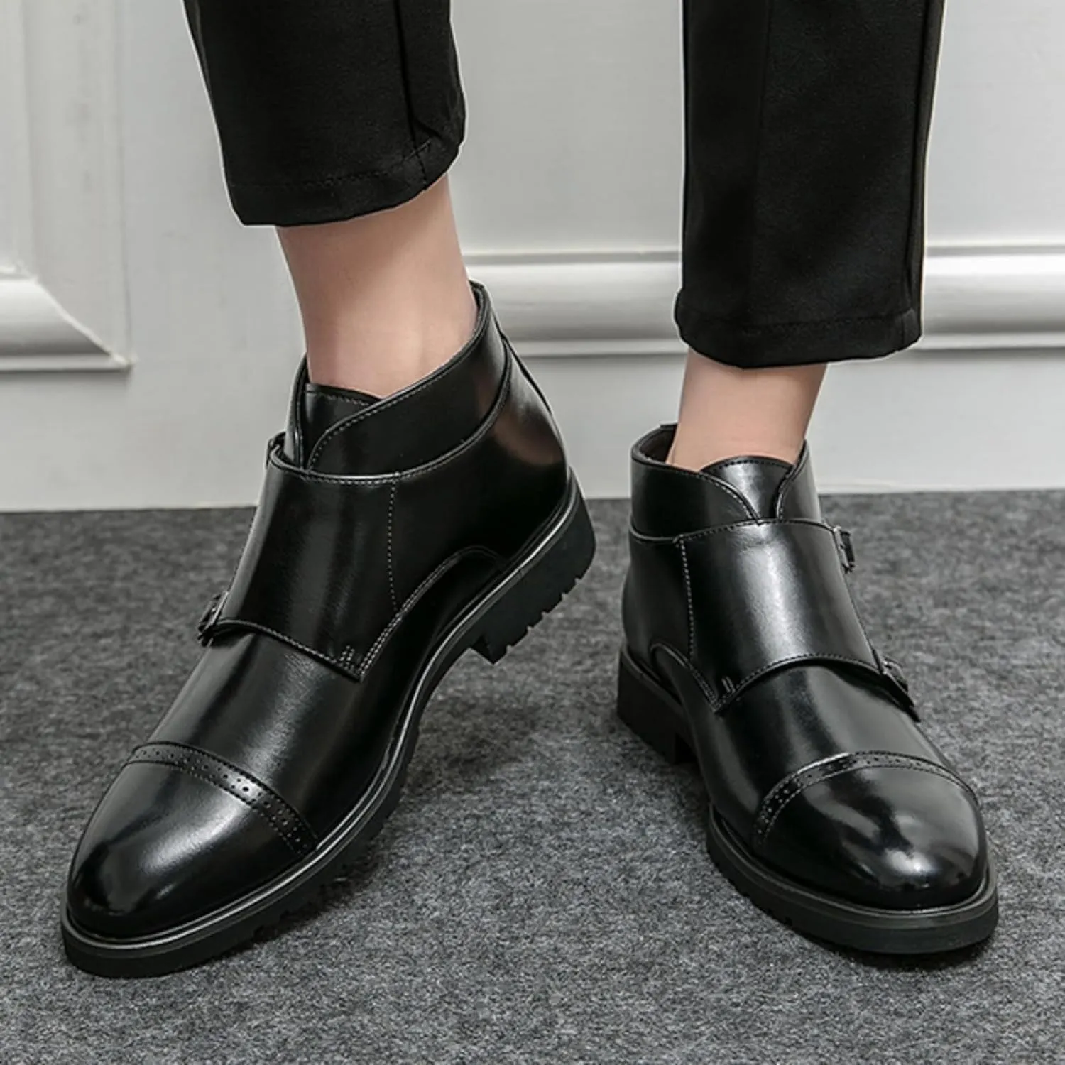 Men's Elegant Double Monk Buckle Ankle Boots Pointed Toe Business Dress Shoes
