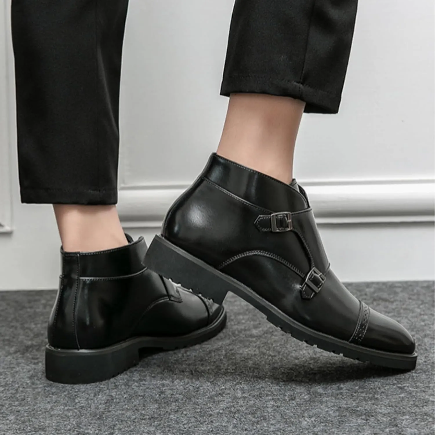 Men's Elegant Double Monk Buckle Ankle Boots Pointed Toe Business Dress Shoes