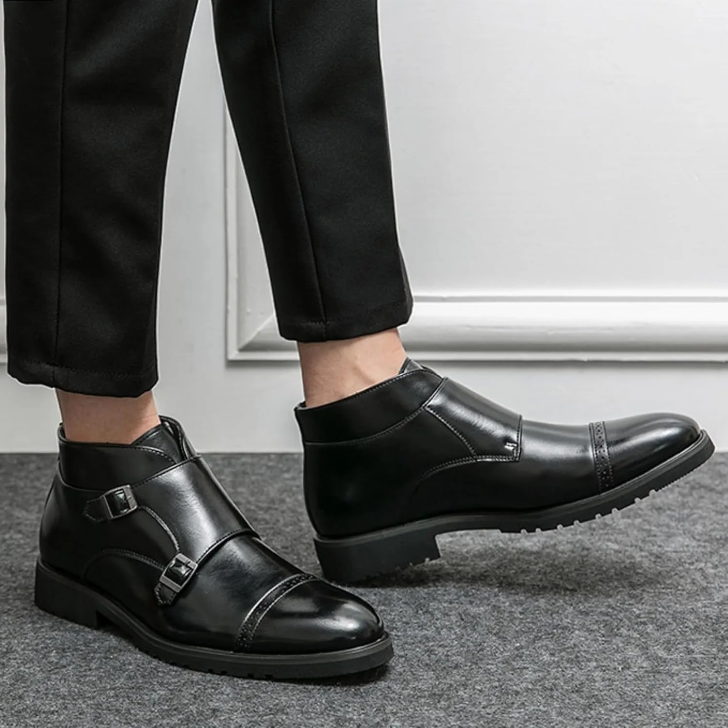 Men's Elegant Double Monk Buckle Ankle Boots Pointed Toe Business Dress Shoes