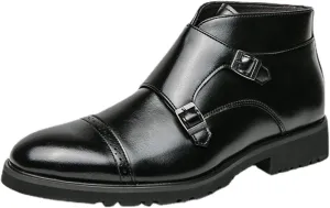 Men's Elegant Double Monk Buckle Ankle Boots Pointed Toe Business Dress Shoes