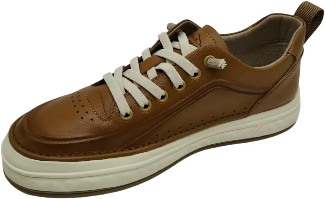 Men’s Leather Casual Sneakers with Thick Sole, Low-Top Urban Walking Shoes in Brown Tan, Business Casual Trainers for Work, Travel, and Everyday Style