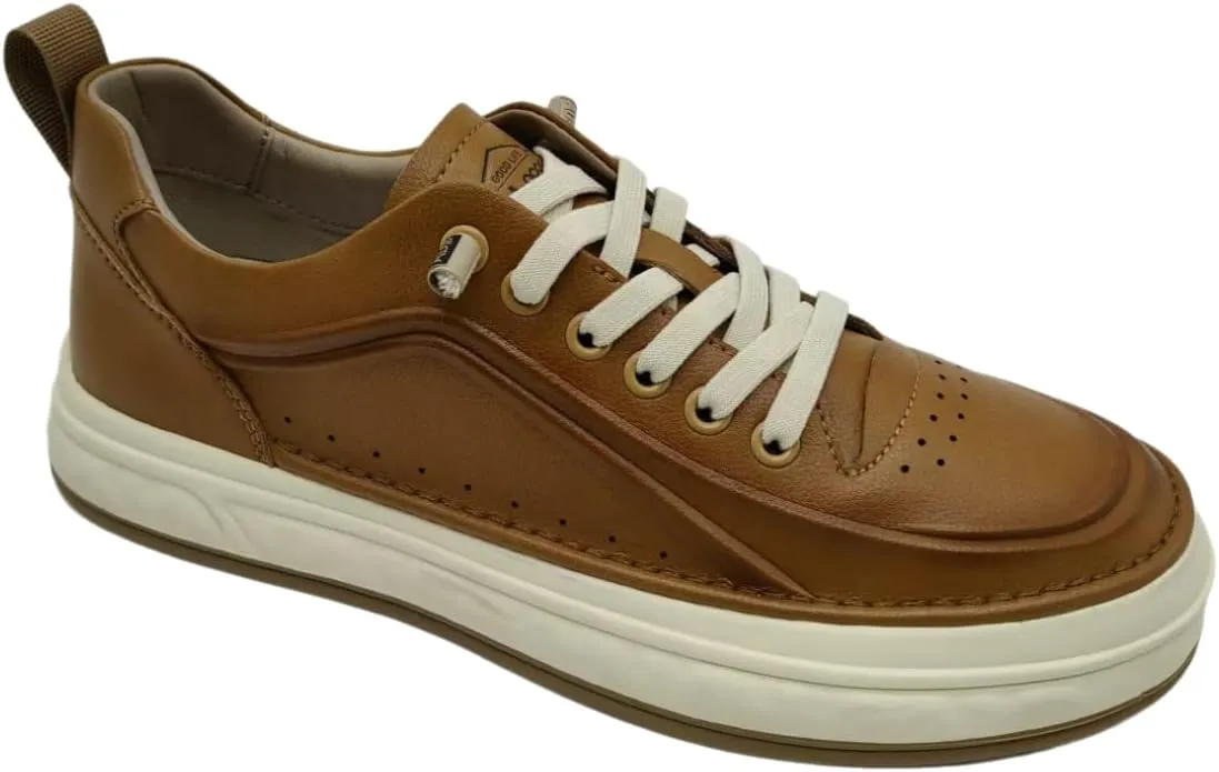 Men’s Leather Casual Sneakers with Thick Sole, Low-Top Urban Walking Shoes in Brown Tan, Business Casual Trainers for Work, Travel, and Everyday Style
