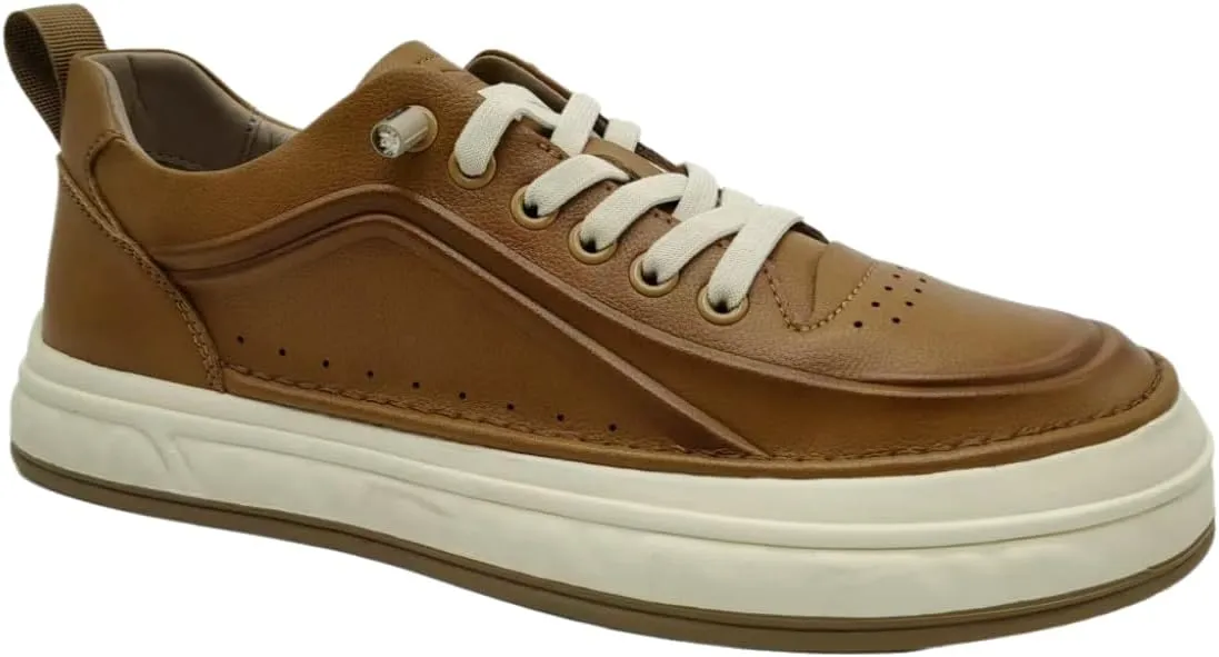 Men’s Leather Casual Sneakers with Thick Sole, Low-Top Urban Walking Shoes in Brown Tan, Business Casual Trainers for Work, Travel, and Everyday Style