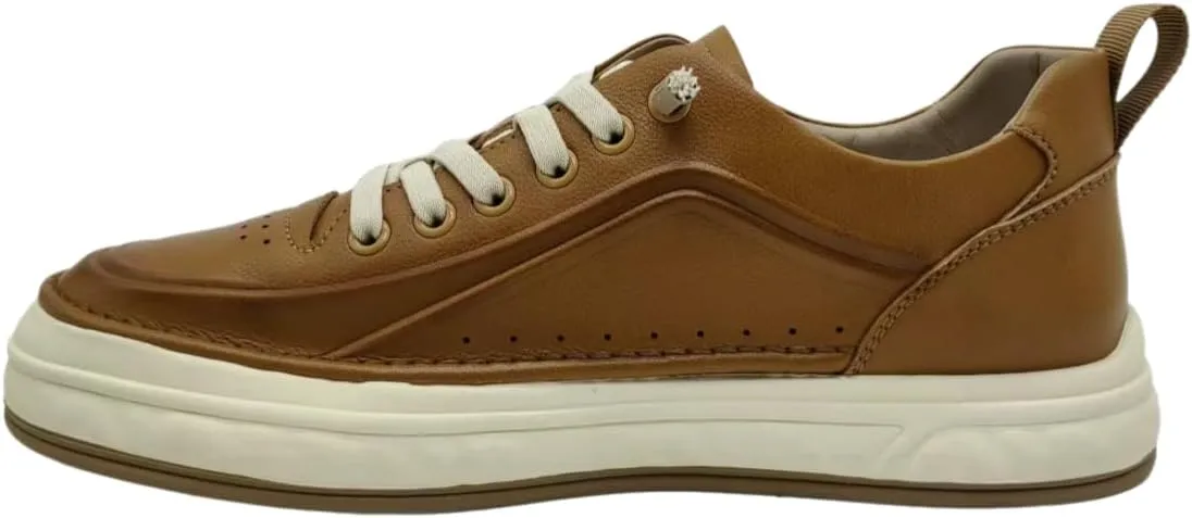 Men’s Leather Casual Sneakers with Thick Sole, Low-Top Urban Walking Shoes in Brown Tan, Business Casual Trainers for Work, Travel, and Everyday Style