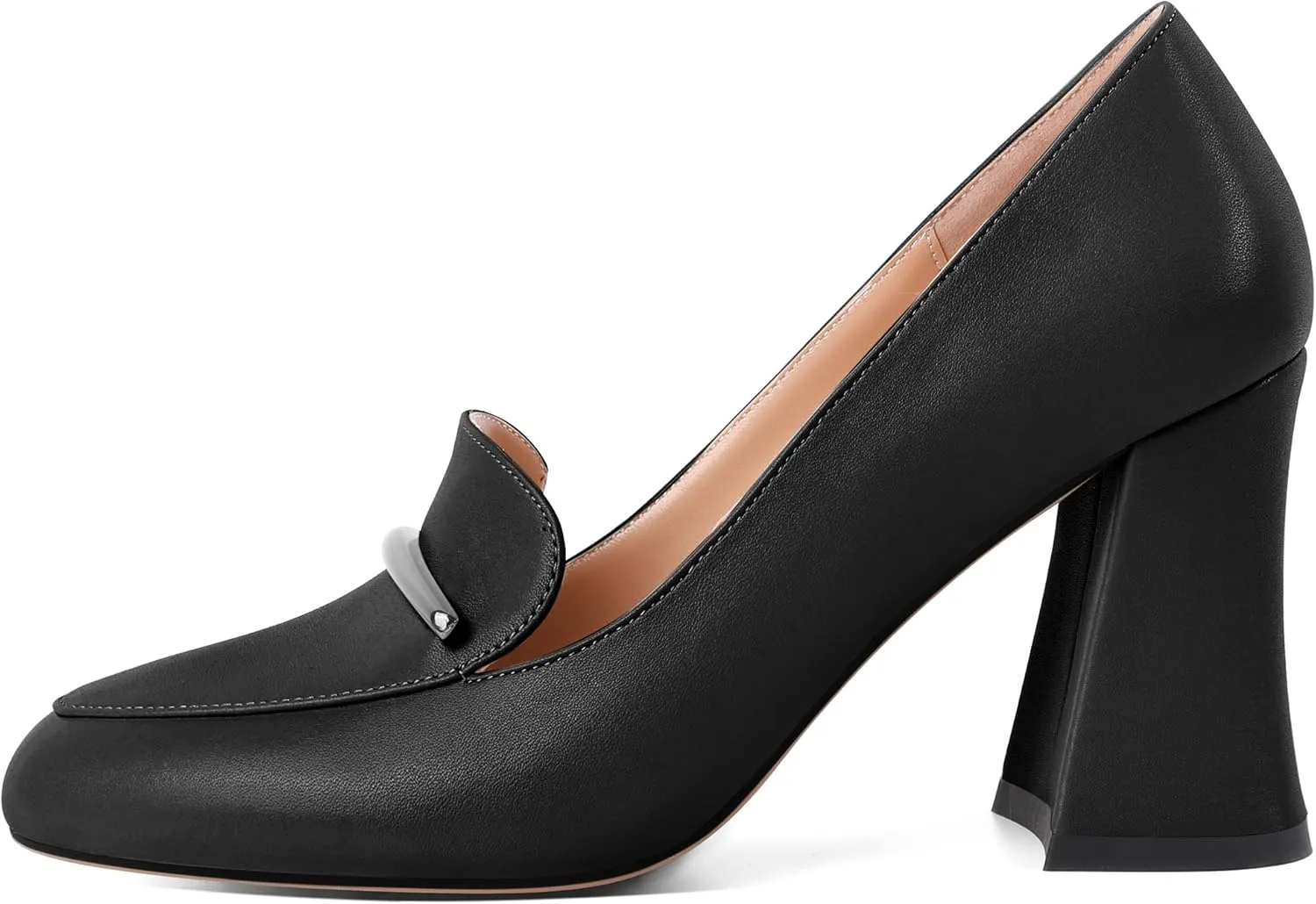 Mettesally Womens Slip On Loafer Heels High Chunky Pumps Block Round Toe 3.1 Inches Matte Elegant Shoes