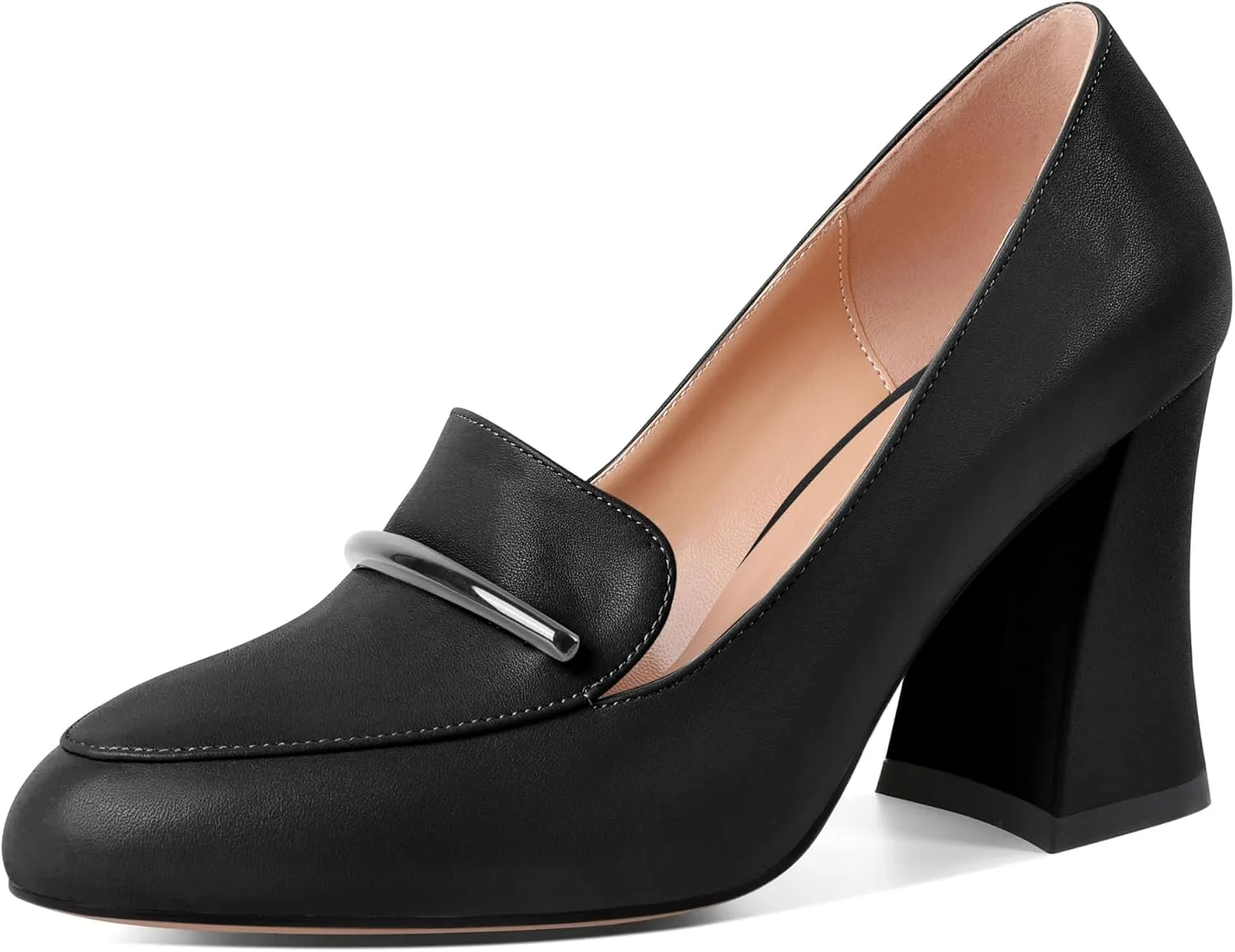 Mettesally Womens Slip On Loafer Heels High Chunky Pumps Block Round Toe 3.1 Inches Matte Elegant Shoes