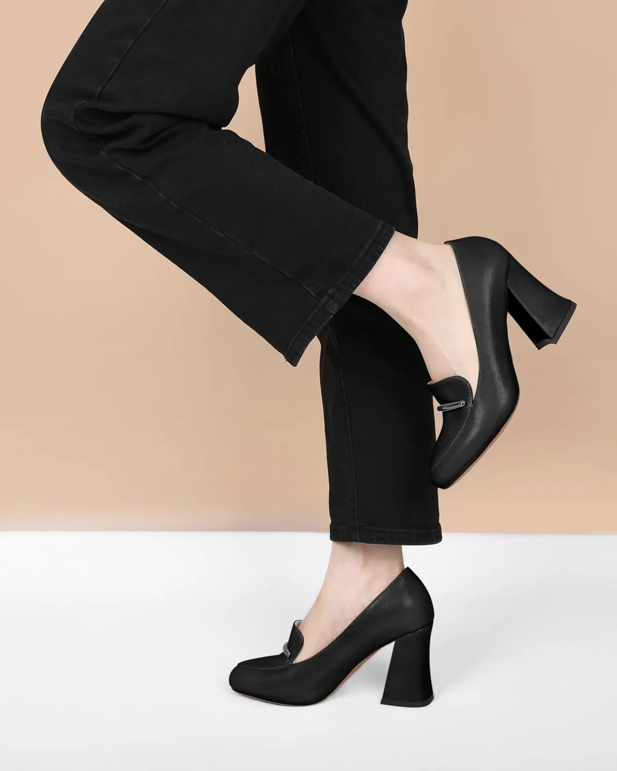 Mettesally Womens Slip On Loafer Heels High Chunky Pumps Block Round Toe 3.1 Inches Matte Elegant Shoes