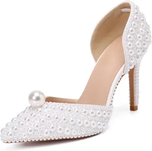 Minishion Womens Slip On Shoes for Wedding with Pearl Beaded Elegant Evening Prom Pumps