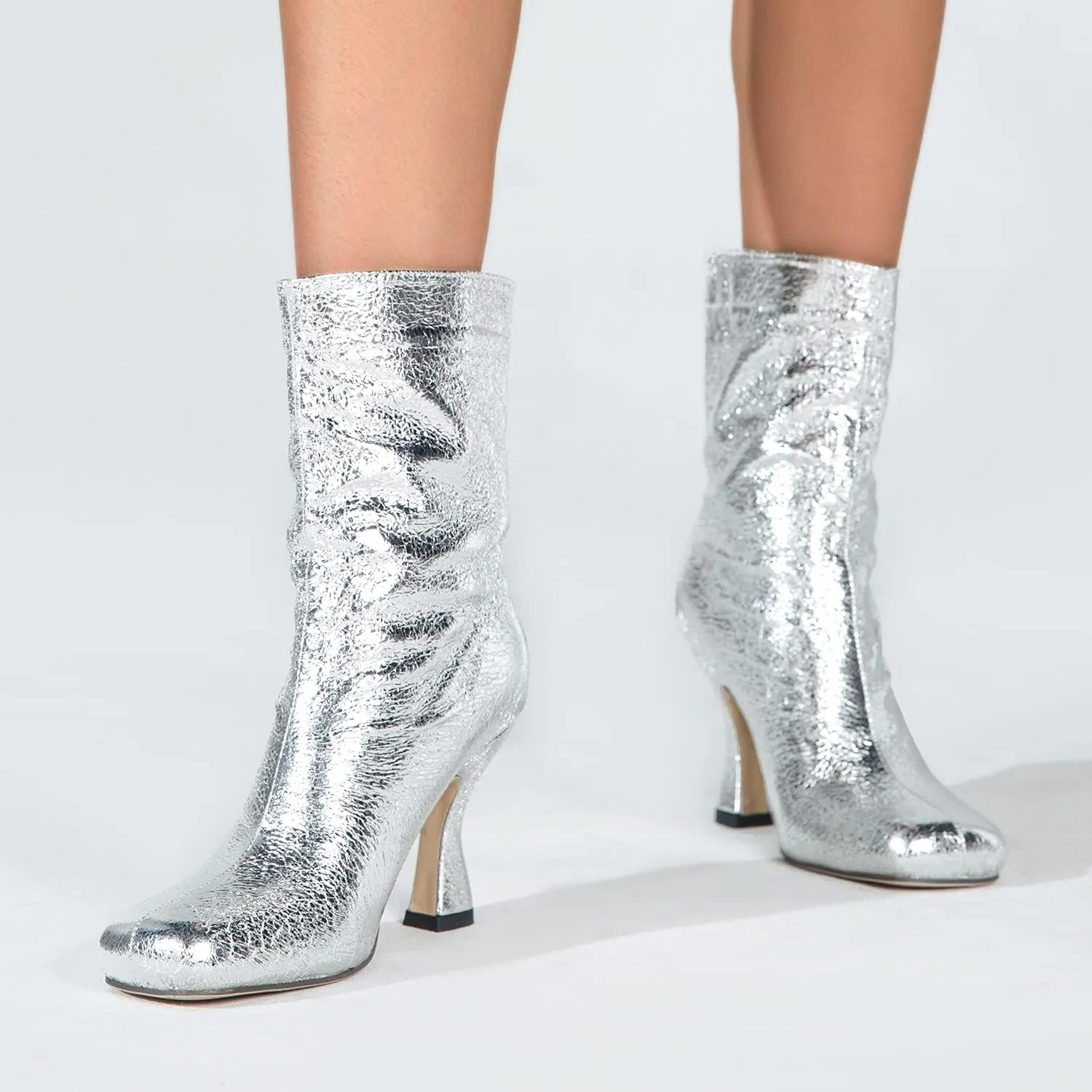 MOOMMO Women Stiletto Ankle Boots Square Toe Chic Pull On 4” High Heel Booties Metallic Textured Patent Leather Glitter Short Boots Wide Calf Sexy Stylish Club Party 6-11 M US