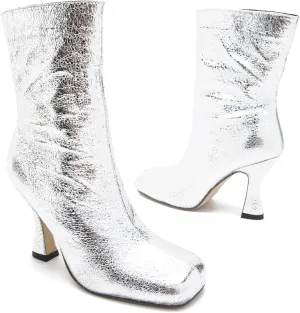 MOOMMO Women Stiletto Ankle Boots Square Toe Chic Pull On 4” High Heel Booties Metallic Textured Patent Leather Glitter Short Boots Wide Calf Sexy Stylish Club Party 6-11 M US