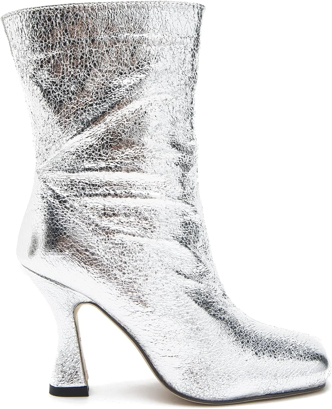 MOOMMO Women Stiletto Ankle Boots Square Toe Chic Pull On 4” High Heel Booties Metallic Textured Patent Leather Glitter Short Boots Wide Calf Sexy Stylish Club Party 6-11 M US