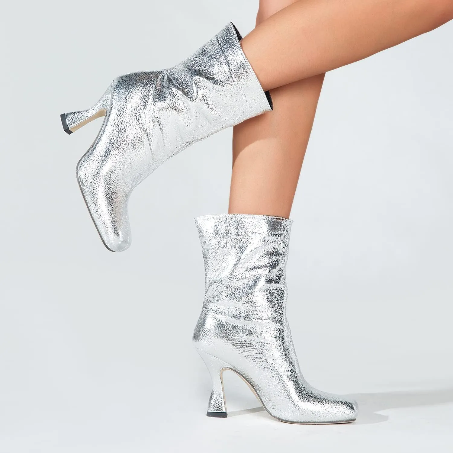 MOOMMO Women Stiletto Ankle Boots Square Toe Chic Pull On 4” High Heel Booties Metallic Textured Patent Leather Glitter Short Boots Wide Calf Sexy Stylish Club Party 6-11 M US