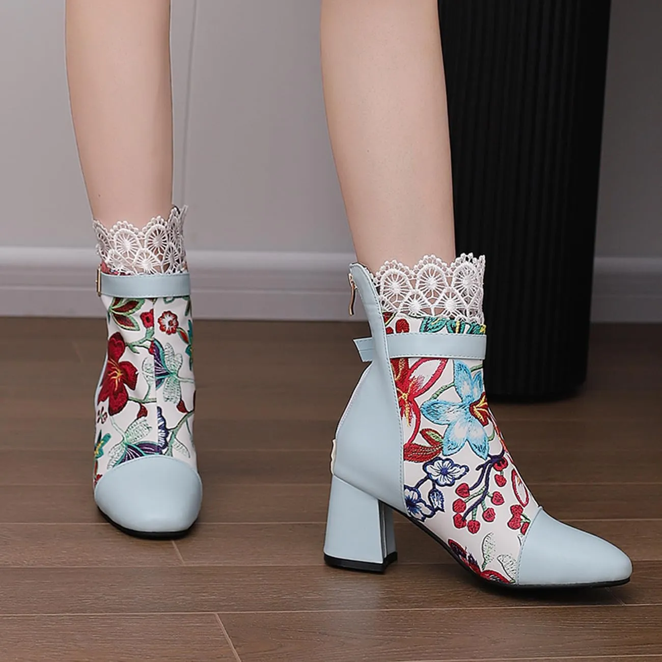 MRKEWUNEY Elegant Ankle Boots for Women Chunky Heel Lace Booties EU34-48