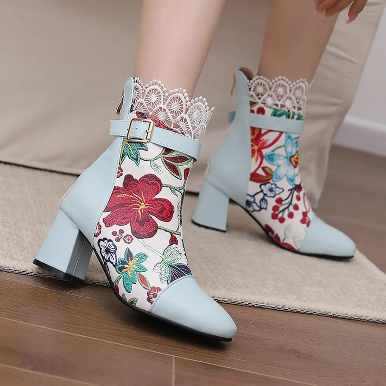 MRKEWUNEY Elegant Ankle Boots for Women Chunky Heel Lace Booties EU34-48