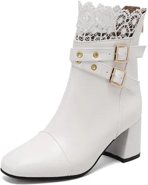 MRKEWUNEY Elegant Ankle Boots for Women Chunky Heel Lace Booties EU34-48