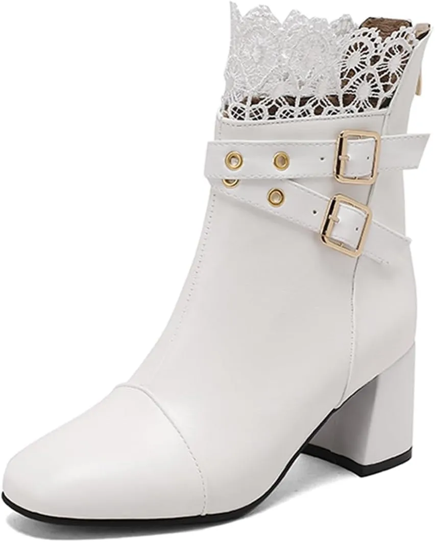 MRKEWUNEY Elegant Ankle Boots for Women Chunky Heel Lace Booties EU34-48