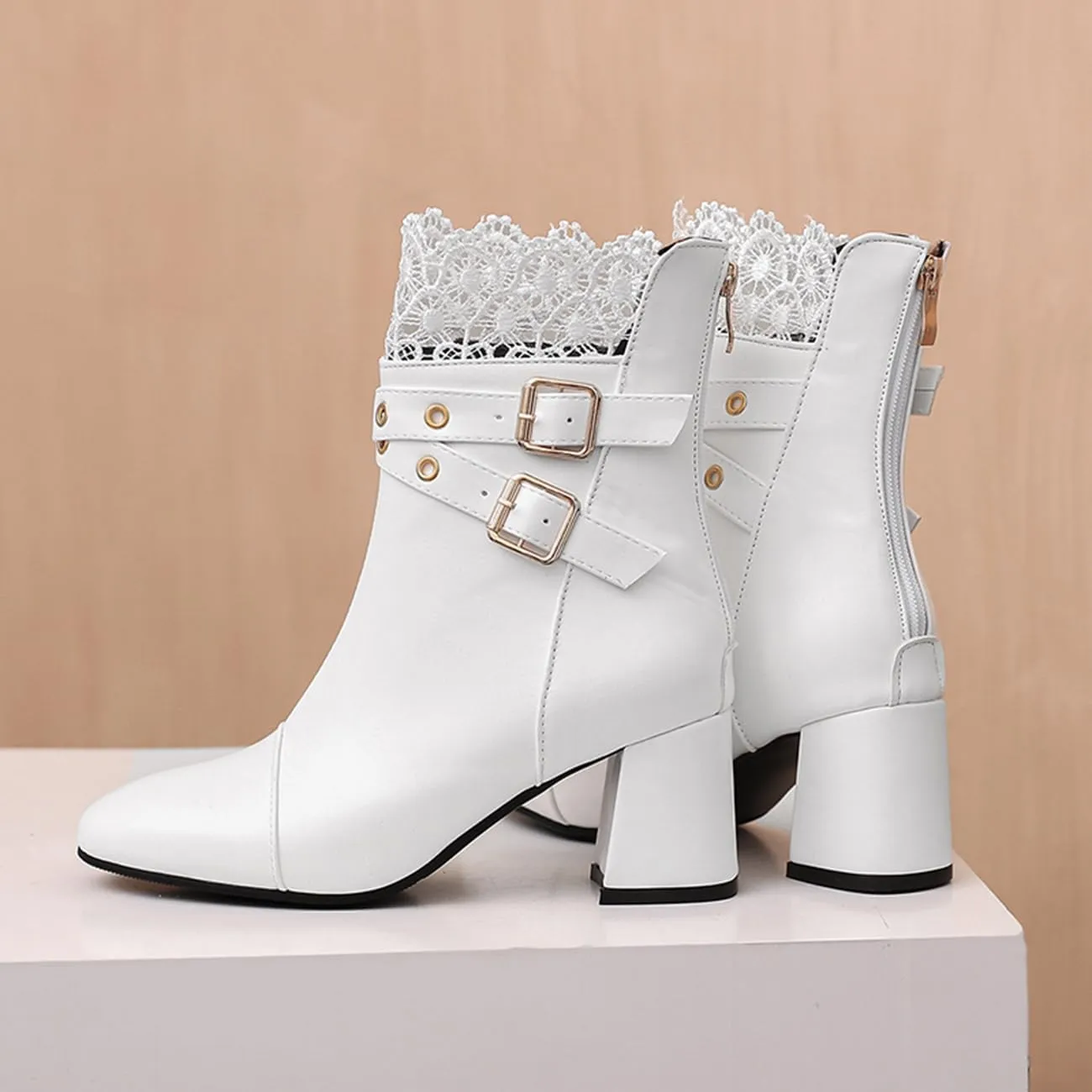 MRKEWUNEY Elegant Ankle Boots for Women Chunky Heel Lace Booties EU34-48