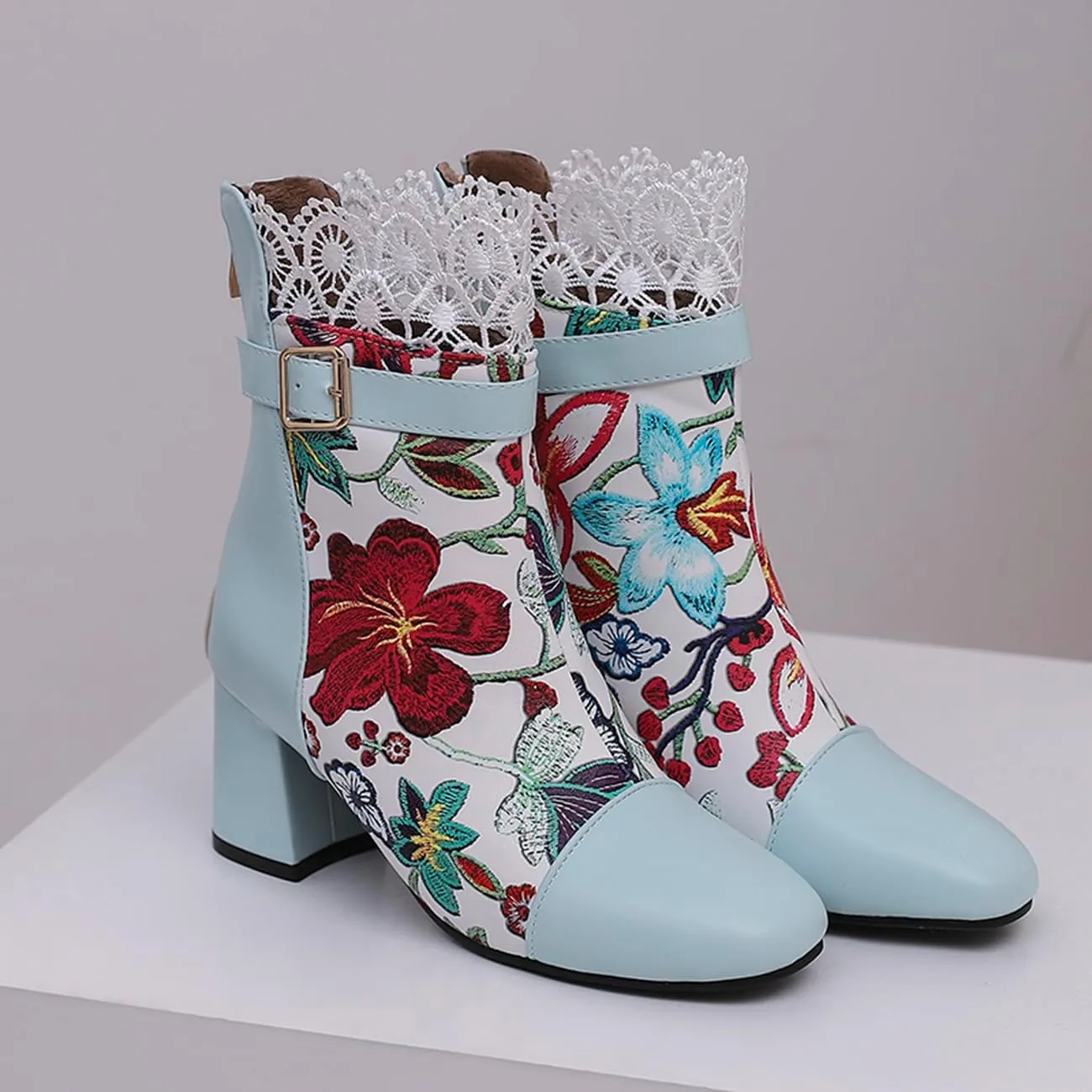 MRKEWUNEY Elegant Ankle Boots for Women Chunky Heel Lace Booties EU34-48