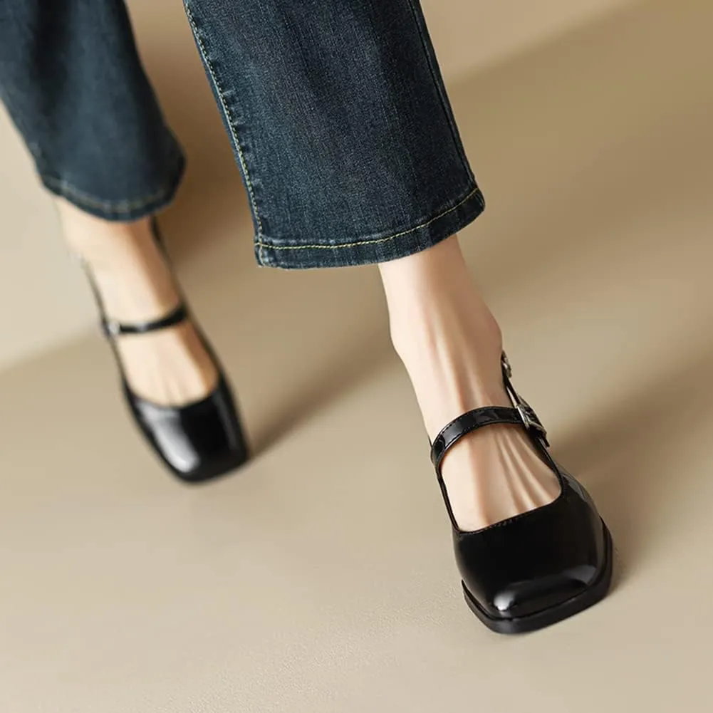 MRKEWUNEY Elegant Womens Chunky Heel Mary Jane Square Toe