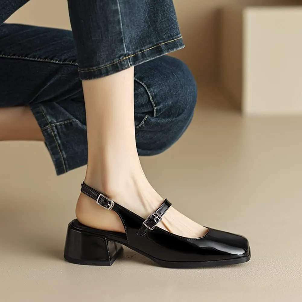 MRKEWUNEY Elegant Womens Chunky Heel Mary Jane Square Toe