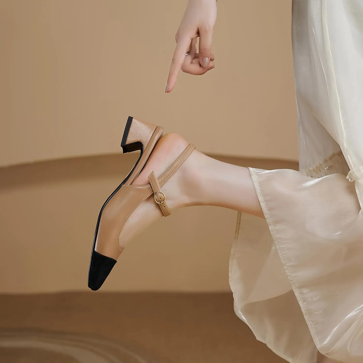 MRKEWUNEY Elegant Womens Slingback Mary Janes Chunky Heel Pumps