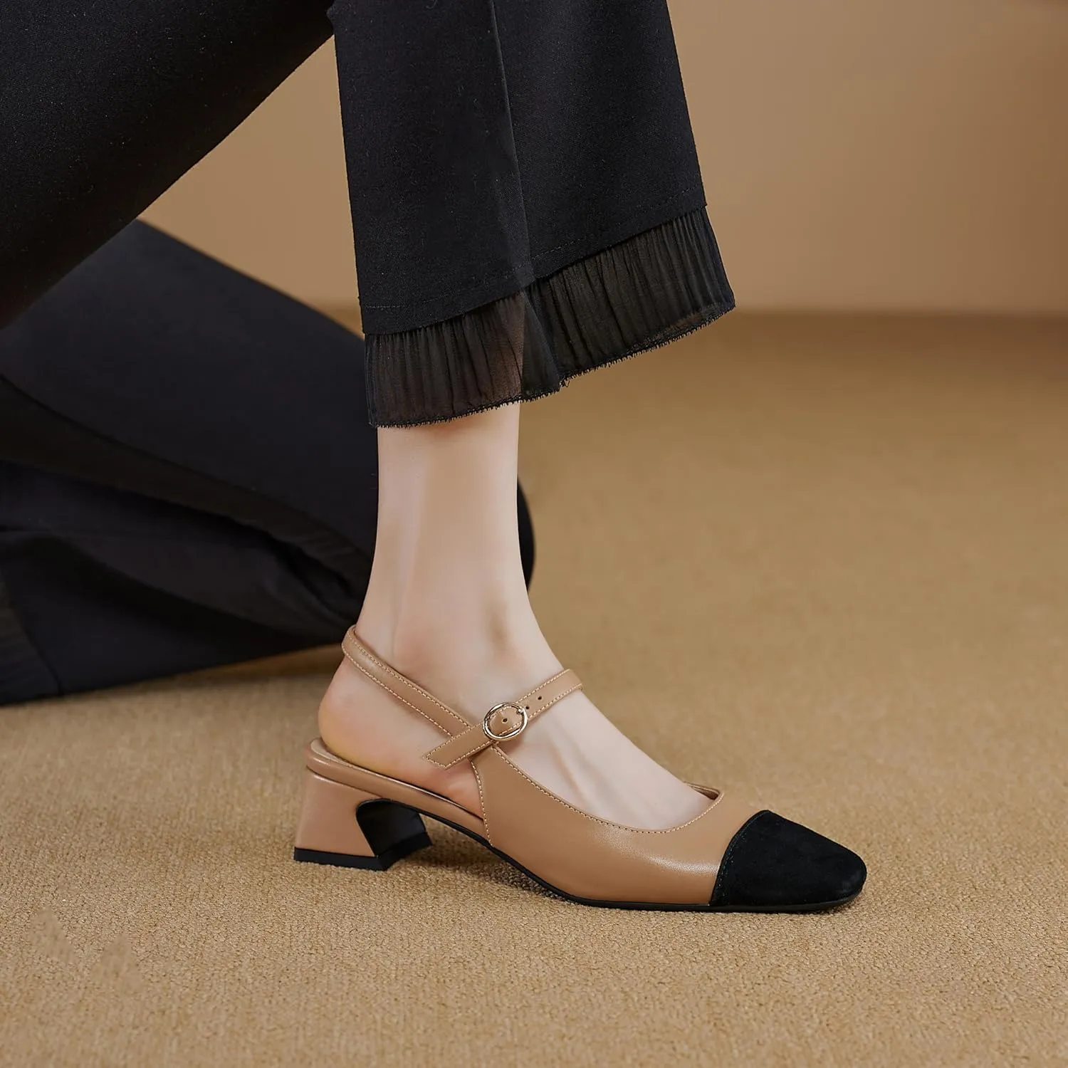 MRKEWUNEY Elegant Womens Slingback Mary Janes Chunky Heel Pumps
