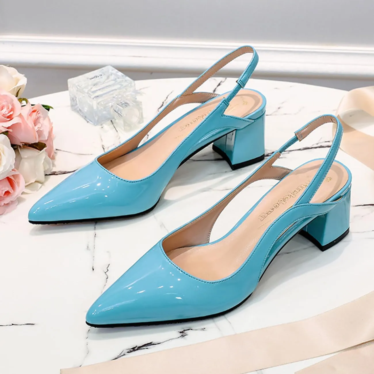 MRKEWUNEY Elegant Womens Slingback Mary Janes Chunky Heel Pumps