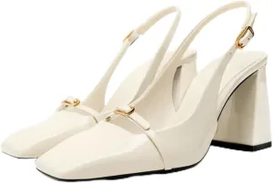 MRKEWUNEY Elegant Womens Slingback Mary Janes Chunky Heel Pumps
