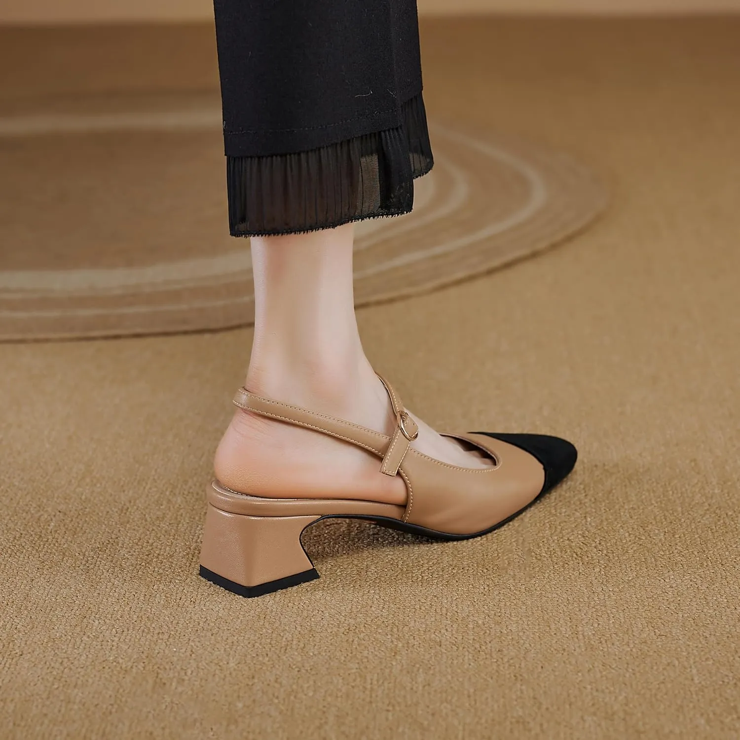 MRKEWUNEY Elegant Womens Slingback Mary Janes Chunky Heel Pumps