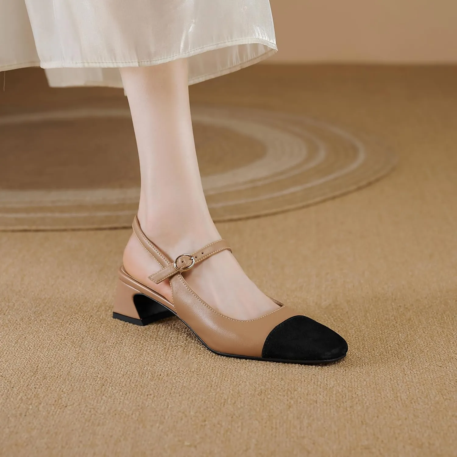 MRKEWUNEY Elegant Womens Slingback Mary Janes Chunky Heel Pumps