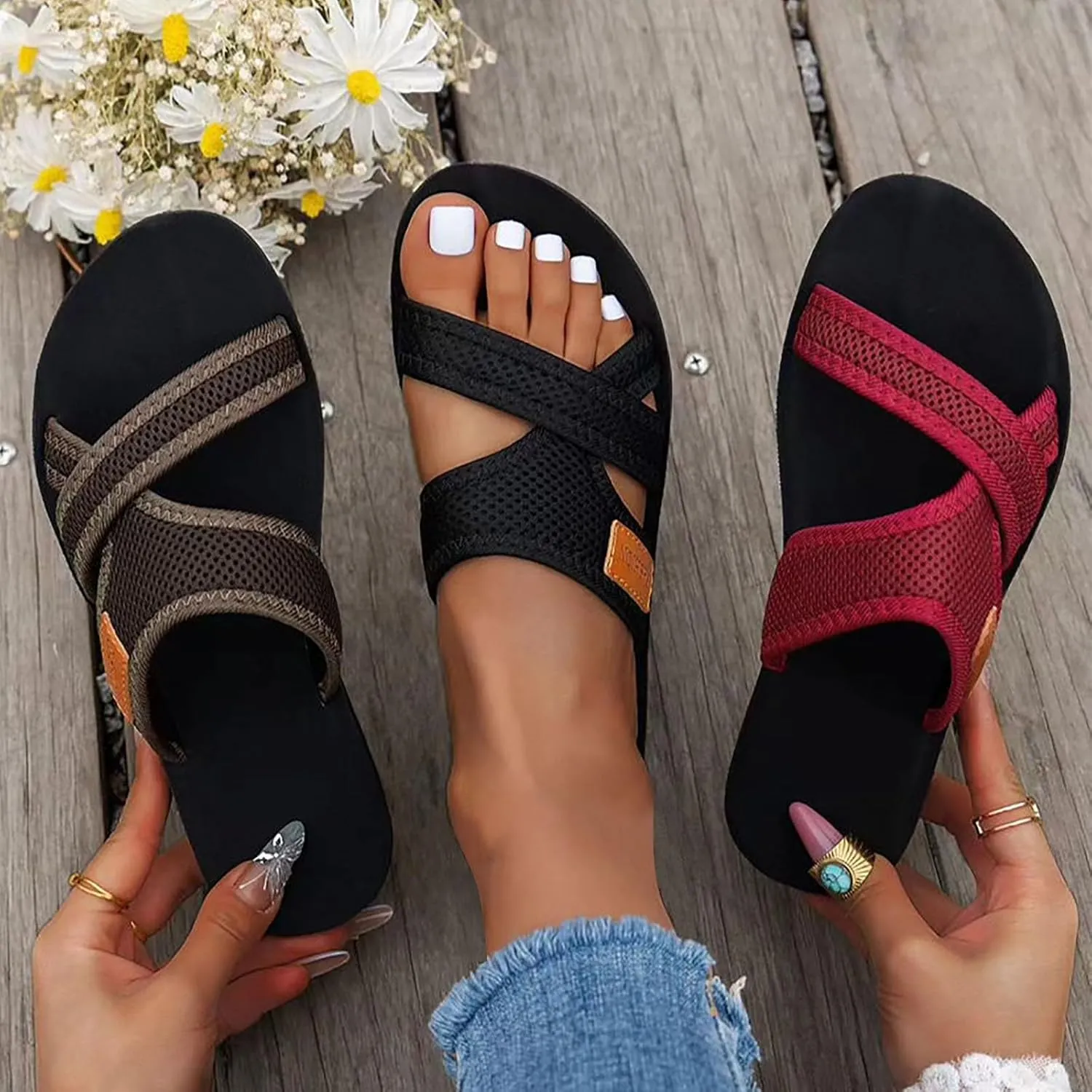 Orthopedic Sandals for Women Hollow Mesh Slide Sandals Arch Support Sandal Comfortable Beach Slippers