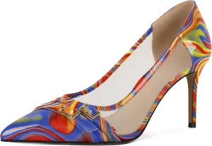 SAMMITOP High Heels Pumps for Women Closed Pointed Toe Slip On Stilettos Buckle Patent Mesh Dress Pump Shoes for Party Office 3.5 Inch