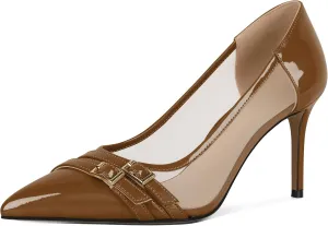 SAMMITOP High Heels Pumps for Women Closed Pointed Toe Slip On Stilettos Buckle Patent Mesh Dress Pump Shoes for Party Office 3.5 Inch