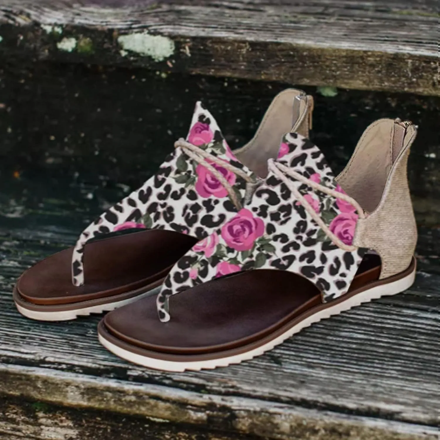 Sandals for Women Dressy Summer, Sandals for Women Casual Summer Flowers Print Zipper Sandal Summer Bohemian Shoes