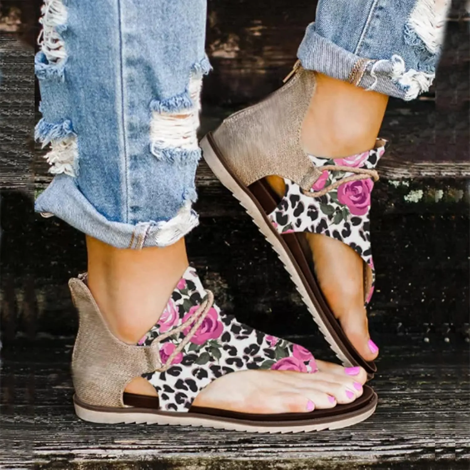 Sandals for Women Dressy Summer, Sandals for Women Casual Summer Flowers Print Zipper Sandal Summer Bohemian Shoes