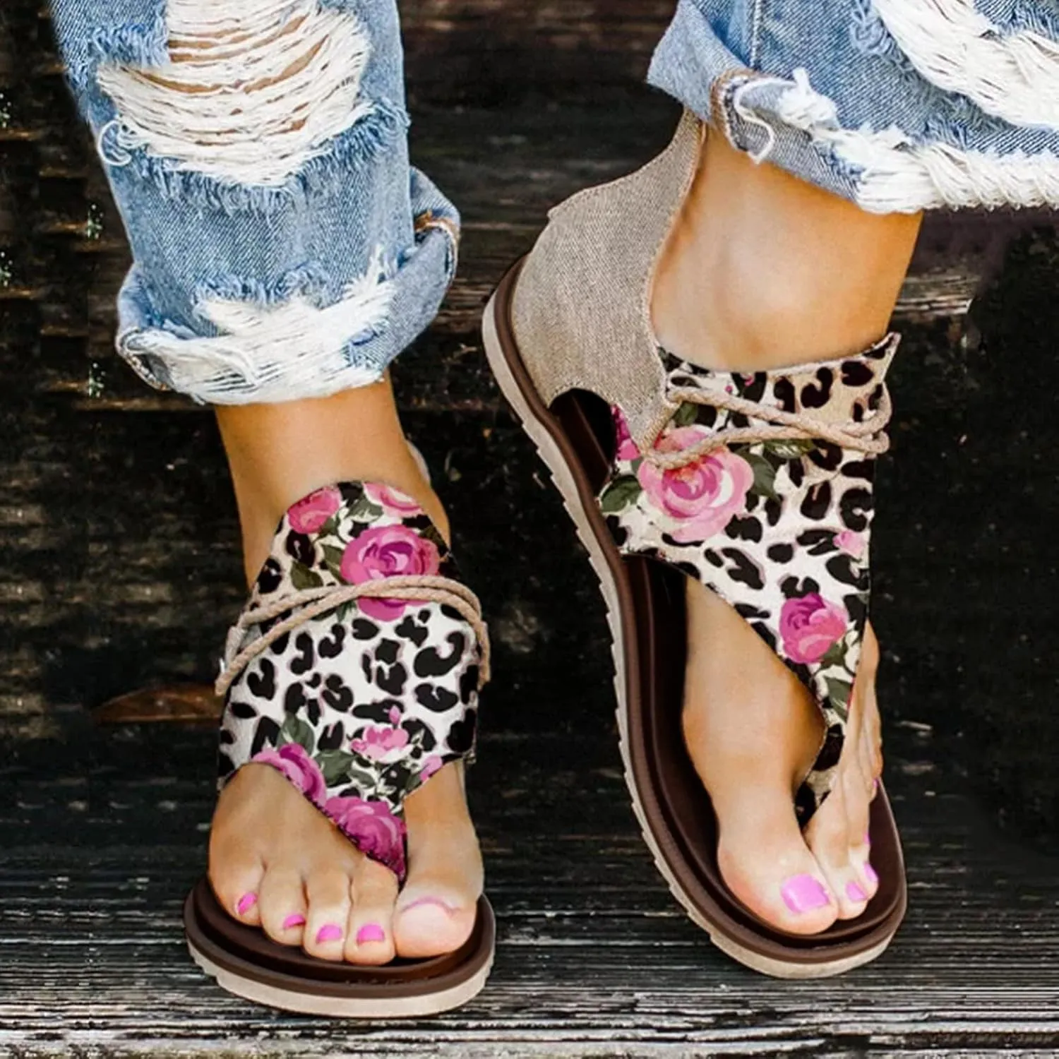 Sandals for Women Dressy Summer, Sandals for Women Casual Summer Flowers Print Zipper Sandal Summer Bohemian Shoes